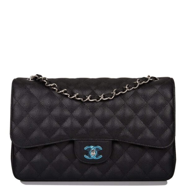 Chanel Black Quilted Caviar Jumbo Classic Double Flap Bag Silver Hardware
